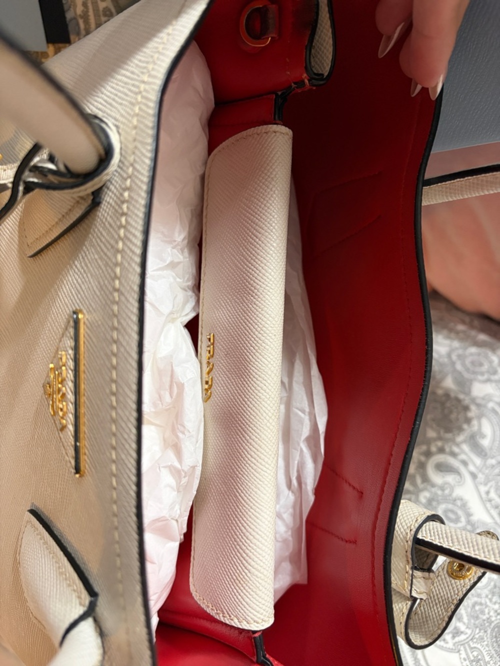 Prada Cream Saffiano Tote with Red Interior and Gold Hardware Double Bag - Picture 4 of 8